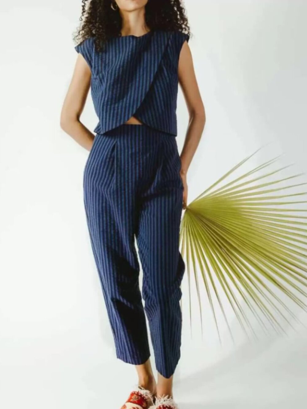 Madri Collection Blue Stripe Crossover Nursing Jumpsuit Sz M
